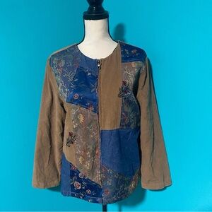 Vintage Sag Harbor 10 Brown Blue Patchwork Floral Beaded Zip Jacket Mixed Media